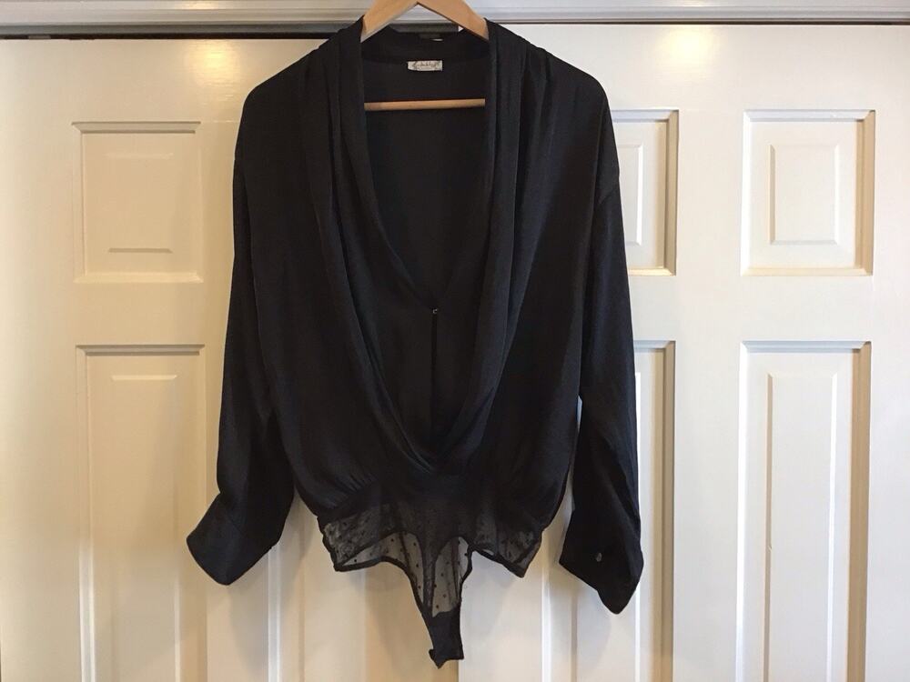 Free People Indie Black Bodysuit Plunging Vneck Sz M Witchy Edgy Goth Minimalist